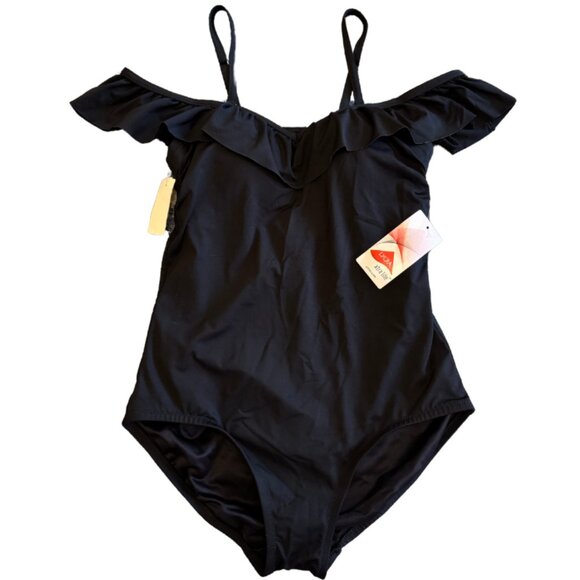 Lands' End Tummy Control Ruffle Off-the-Shoulder One-Piece Swim Size 6 Blk NWT - Picture 2 of 5